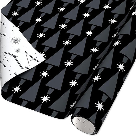 American Greetings Reversible Modern Black Christmas Wrapping Paper Roll, White, Silver, and Black Holiday Gift Wrap (60 sq. ft., 1 Standard Roll Wrap-30 in. x 24 ft.) Fa La La and Trees