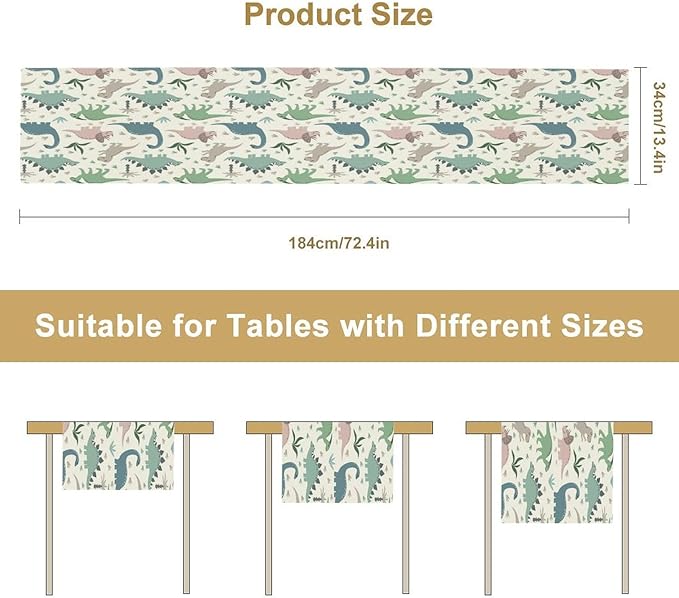 Cartoon Dinosaur Table Runner,Kids Boys Cute Colorful Animal Dino Abstract Print Tablecloth Burlap for Hotel Indoors Outdoor Dining Room Kitchen Holiday Party, 13x80in