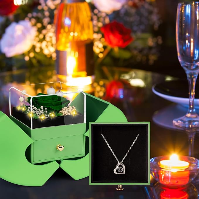 Preserved Green Real Rose with I Love You Necklace, Eternal Flowers Rose Birthday Gifts for Women Her Mom Wife Girlfriend Grandma Christmas on Valentines Mothers Day Anniversary Romantic-Green
