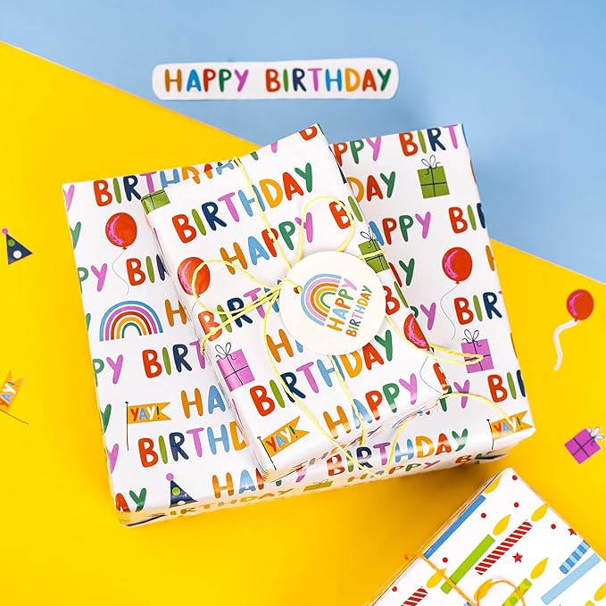 WRAPAHOLIC Birthday Wrapping Paper Sheet - 12 Sheets Folded Flat with 12 Gift Tags for Party, Baby Shower - 19.7 Inch X 27.5 Inch Per Sheet
