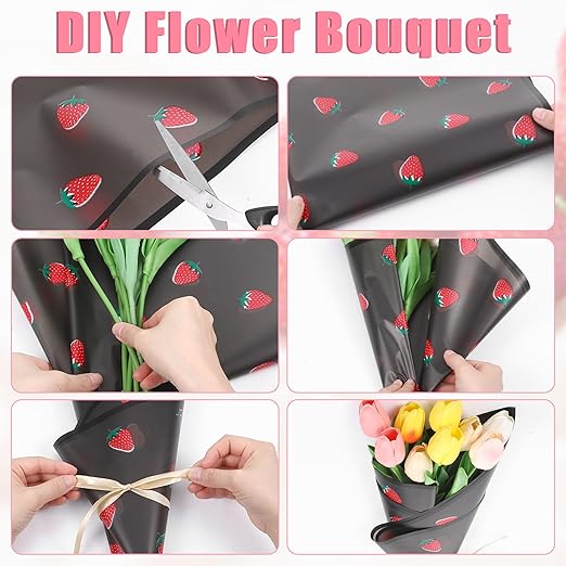 20 Sheets Bouquet Wrapping Paper, 22.4Inch Black Strawberry Pattern Flower Floral Wrapping Paper Black Floral Paper for Bouquets Kit, Waterproof Decorations with Ribbon for DIY Crafts Wedding Birthday Party