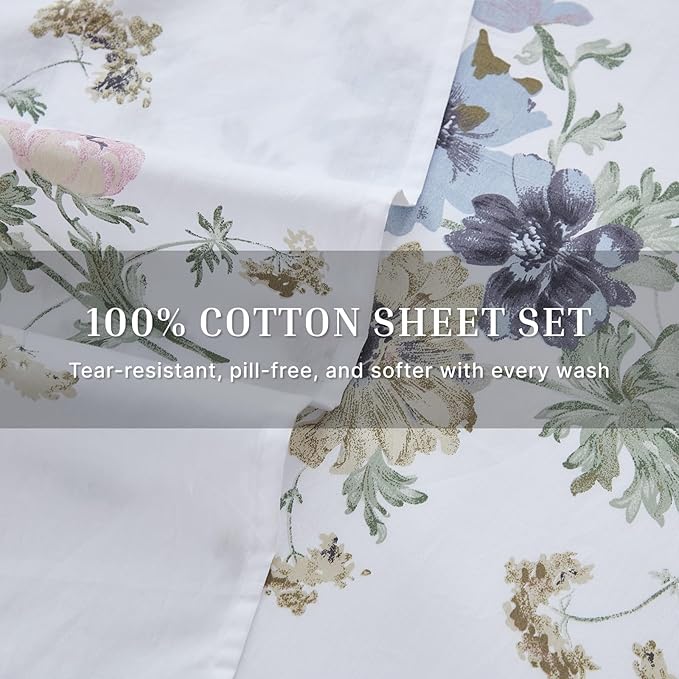 100% Cotton Sheet Set Queen Size – 4-Piece Vintage Chic Floral Bedding Set, Soft Breathable Percale Weave, Deep Pocket Fitted Sheet 17.5", Crisp Cool Feel, Refined Botanical Elegance