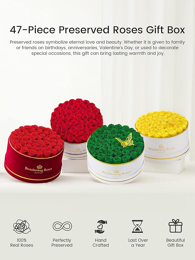 Preserved Roses Forever Flowers Real Roses in a Box Mother's Day Birthday Flowers for Her Mom Women Wife Valentine's Day, Green, 47 Piece