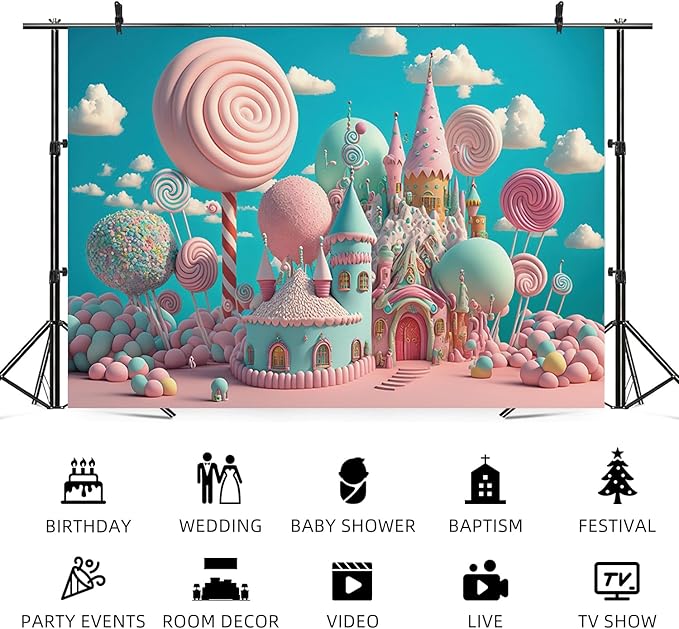 12x8ft Candyland Backdrop Sweet Candy Castle Photography Background Fantasy Lollipop Blue Sky White Cloud Cartoon Kids Birthday Banner Decorations Baby Shower Portrait Photo Booth Prop