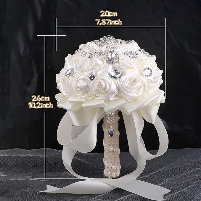 Handmade Brooch Wedding Flowers Bridal Bouquets Crystal Bride Holding Bouquet White Ivory Satin Roses with Diamond Pearl Ribbon (Luxury-Glod)