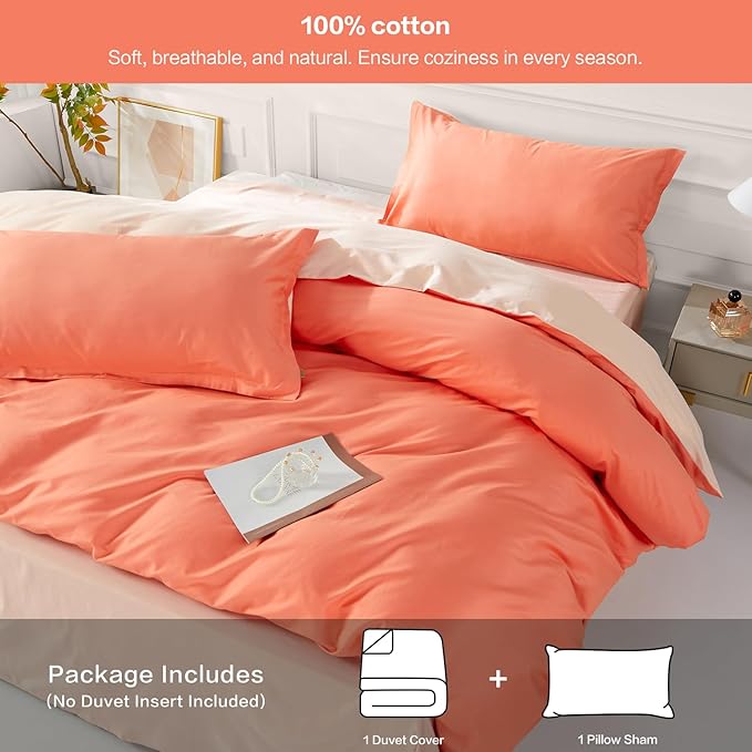 SAPHREAS Orange Duvet Cover Twin Size 2 Pieces Extra Soft Bedding Set, Includes 1 100% Cotton Duvet Cover 68"x90" with Zipper Closure & 1 Pillow Sham, Comforter Not Included