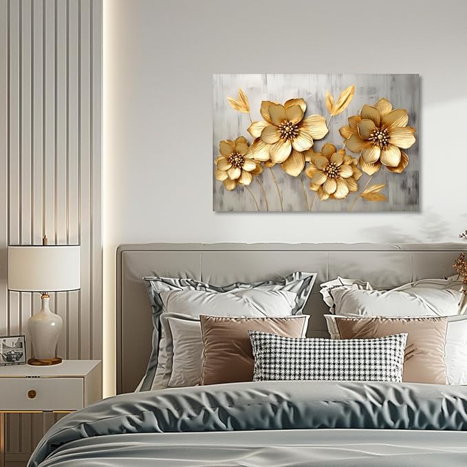 KPLUNDO Canvas Prints Wall Art Gold Flower Picture Gray Poster Landscape Painting Aesthetics Artwork Home Decor for Living Room Kitchens Decoration Gallery Wrap Ready to Hang(Art-2,12.00x18.00 inch)