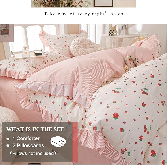 VM VOUGEMARKET Ruffle Comforter Set with Strawberry Prints,Kawaii Bedding Comforter Set,1 Down Alternative with 2 Lace Pillow Shams for All Seasons-90 x90