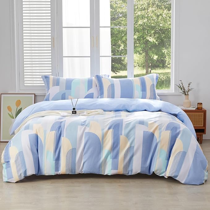 SAPHREAS Blue Geometric Pattern Duvet Cover Set 3pcs Queen Size 100% Cotton Colorful Blocks Bedding Comforter Cover Set 1 Duvet Cover 2 Pillow Cases