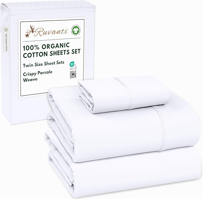 RUVANTI 100% Organic Cotton Sheets Twin Size, Percale Weave, GOTS Certified, 3-Piece Set, Deep Pocket 15", Crisp & Breathable, Soft Durable Bedding, Sábanas Algodón Orgánico – Bright White