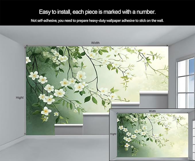 Spring Blossom Floral Wall Mural, Minimalist White Floral 3D Wall Murals, Elegant Botanical Wallpaper Mural, for Living Room Bedroom Large Wallpaper Indoor Decor 177.16" W x120 H