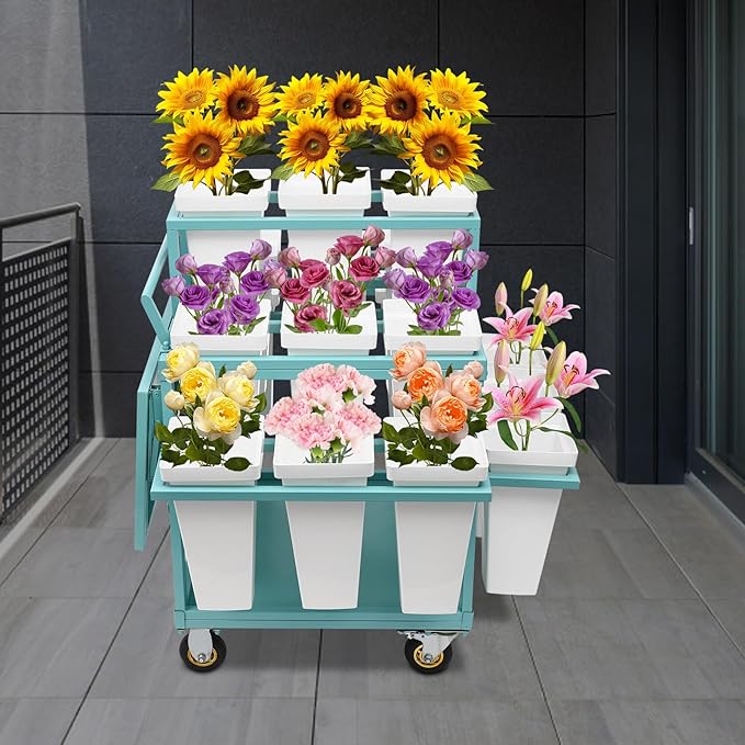 6-Tier Flower Display Stand Indoor Movable Flower Stand with 18 Buckets Plants Display Rack Cart with Wheels Metal Florist Bouquet Stand for Florist Patio Garden,23.62*23.62*36.61in (Blue)