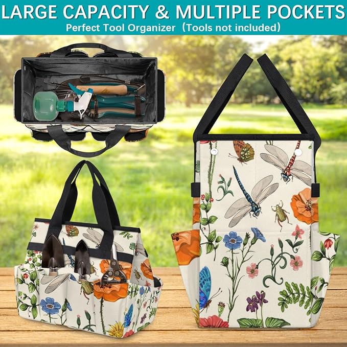 Garden Tool Tote Bag for Women Men Flower Butterfly Dragonfly Gardening Tool Storage Bags with 10 Pockets Standable Garden Home Tool Kits Organizer for Indoor Outdoor Gardening Gifts