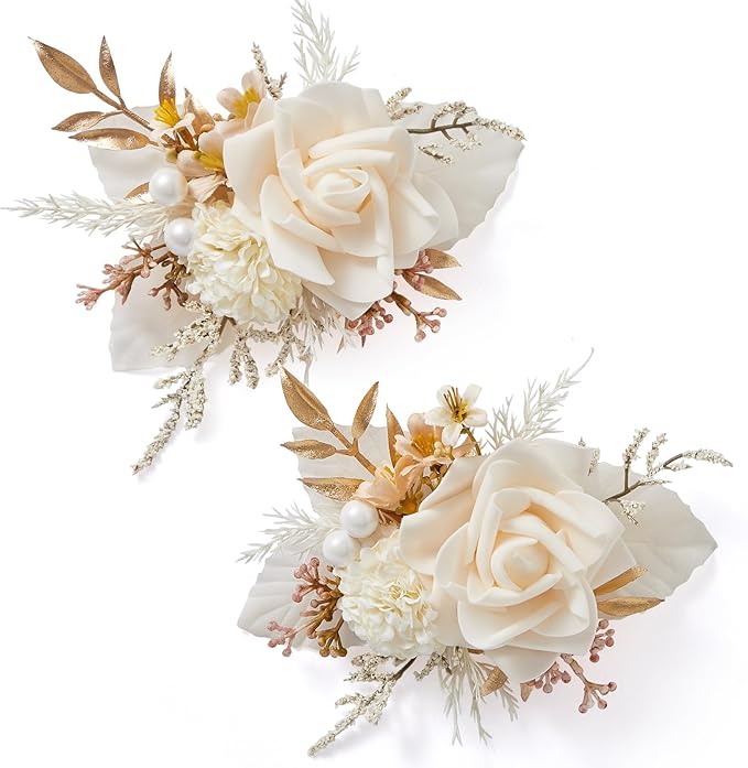 Serwalin 𝗦𝗲𝘁 𝗼𝗳 𝟮 Boutonniere for Men 𝟲-𝟳 𝗜𝗻𝗰𝗵 Corsage with Pins,Groom and Best Man Boutonnieres for Wedding Prom Ceremony Anniversary Party Cake Topper (Champagne)