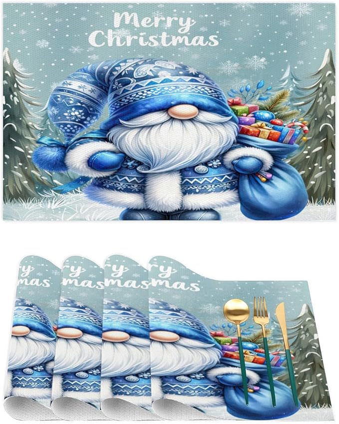 Xmas Christmas Gnomes Bule Snowflake Placemats Set of 1 PVC Vinyl Non Slip Table Mats Heat Resistant Place Mats Washable Wipeable Dining Table Mat for Kitchen Party Indoor Outdoor Decorative Gift
