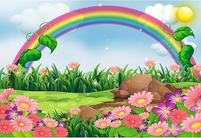 AOFOTO 12x8ft Cartoon Spring Flowers Rainbow Backdrop Meadow Sweet Floral Blossom Sky Sun Enchanting Garden Scenery Background for Kids Baby Shower Birthday Party Decor Wallpaper Photoshoot Props