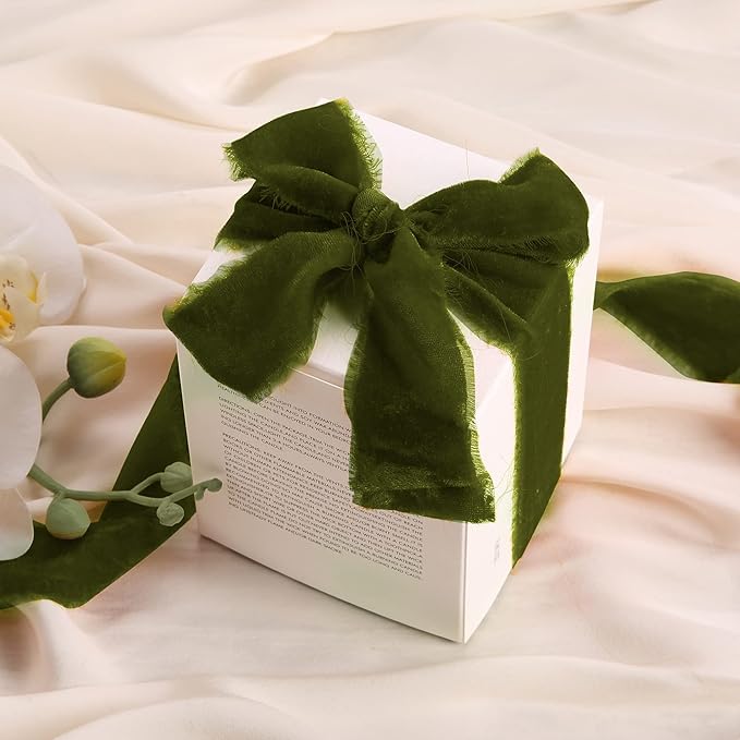 Velvet Ribbon for Gift Wrapping Olive Green Handmade Fringe Ribbons for Crafts Bouque Christmas Decorations 2 Rolls 1 1/2 Inch x 2 Yd (4 Yards Total)