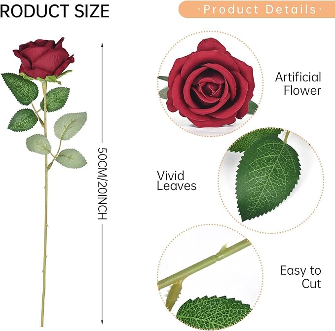 200 Pack Silk Roses Flowers - Artificial Burgundy Fake Flowers with 50cm Stems for Wedding Decor, 3.7in(7cm) Silk-Like Velvet Flower Heads for Wedding, Vintage Decor (200, Burgundy)