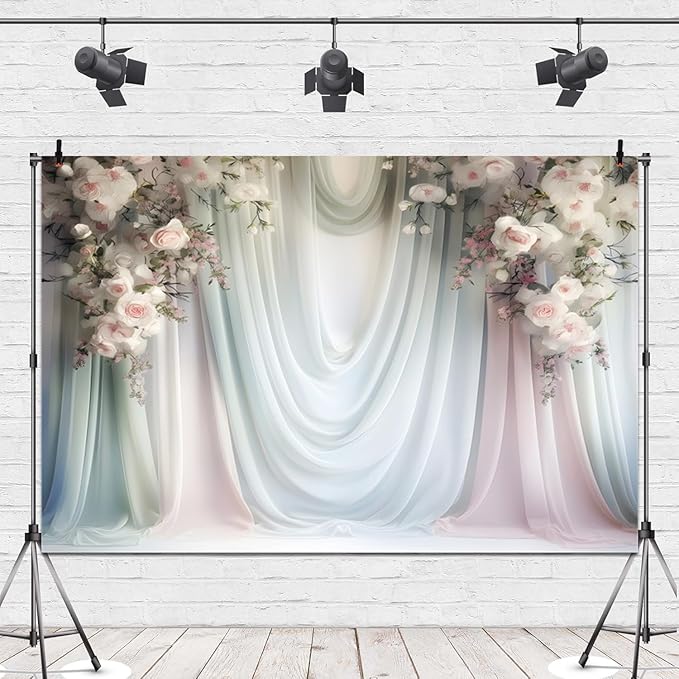 Leowefowa Floral Backdrop for Wedding Decor Pink Rose Flower White Curtain Wall Photography Background for Baby Shower Wedding Anniversary Ceremony Party Decorations Banner Studio Props 10x8ft Vinyl