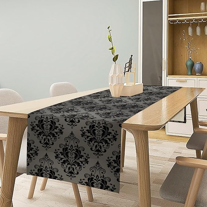 Black Damask Table Runner,Gothic Antique Victorian Floral Boho Table Runner for Home Kitchen Table Dining Garden Farmhouse Wedding Party Decor 13x120 Inch
