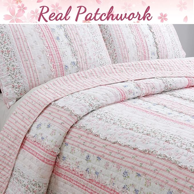 Cozy Line Home Fashions Shabby Chic Pink Flower Lace Ruffle Stripe 100% Cotton Reversible Quilt Bedding Set, Coverlet, Bedspread (Pink, Queen - 4 Piece: 1 Quilt + 2 Sham + 1 Décor Pillow)