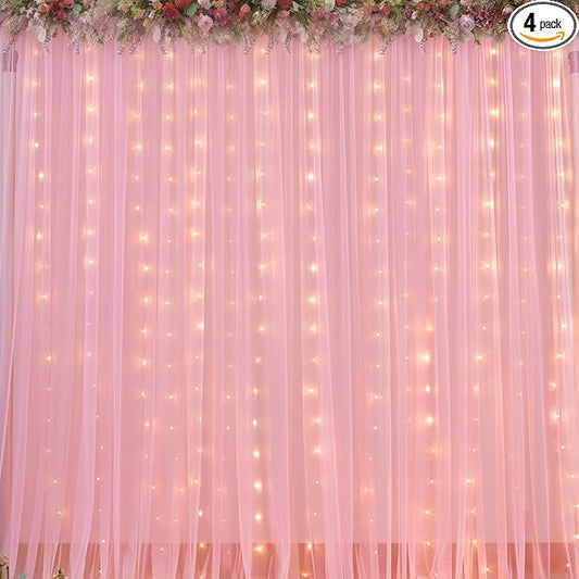 Sheer Backdrop Curtains with Lights String for Weddings Baby Showers, 20x10ft Sheer Tulle Photo Backdrop Curtains for Birthday Party Photography Background Decoration, Pink