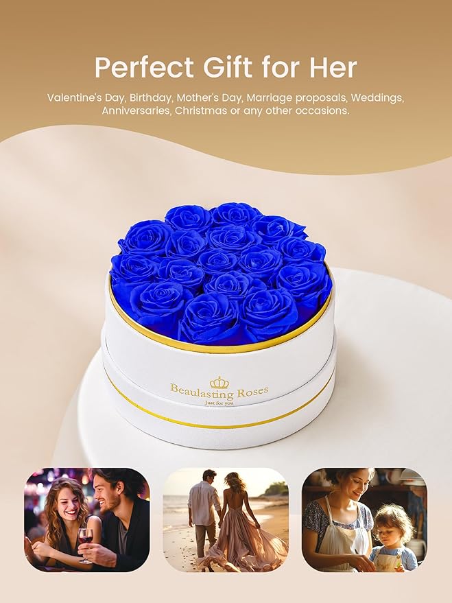 Preserved Roses Forever Flowers Real Roses in a Box Mother's Day Birthday Flowers for Her Mom Women Wife Valentine's Day, 16 Royal Blue Roses