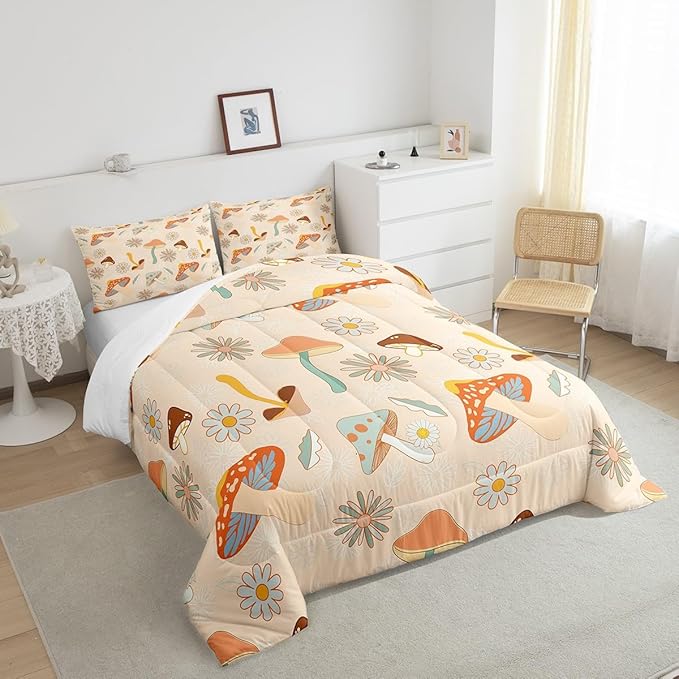 Castle Fairy 60s 70s Retro Mushroom Queen Size Comforter Set,Groovy Flowers Floral Bedding Set with 2 Pillowcases,Boho Art Breathable Polyester Bedding Comforters