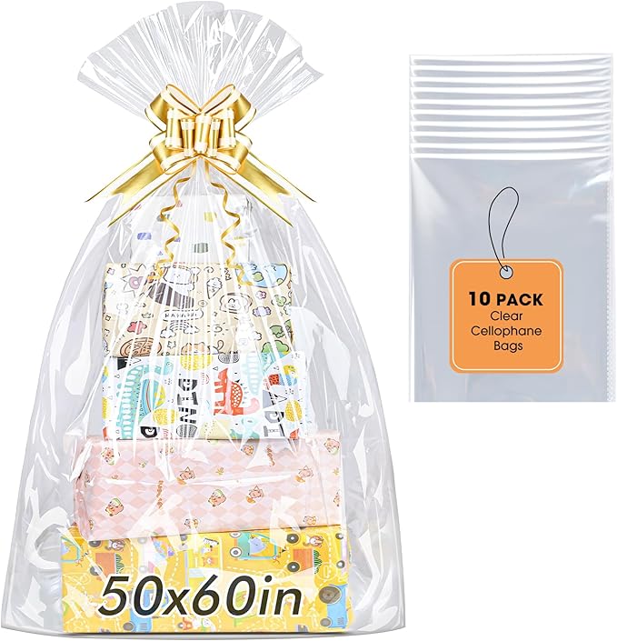Yuiicaov 10PCS Extra Large Cellophane Bags, 50x60 Inches Clear Cellophane Wrap for Gift Baskets, Jumbo Huge Clear Gift Bags, Packaging Christmas Gifts 2.8 Mil Thick