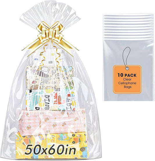 Yuiicaov 10PCS Extra Large Cellophane Bags, 50x60 Inches Clear Cellophane Wrap for Gift Baskets, Jumbo Huge Clear Gift Bags, Packaging Christmas Gifts 2.8 Mil Thick