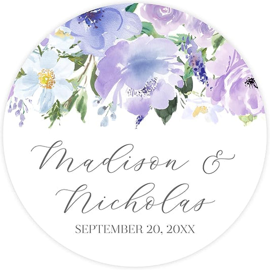 Personalized Floral Wedding Stickers with Your Choice of 30 Flower Styles - Choose Font and One of Five Pre-made Phrases or Add Custom Text (023 - Purple Flowers)