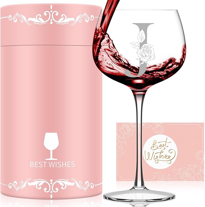 Personalized Gifts for Women, Monogrammed A-Z Wine Glass Customized Gift, Unique Christmas Birthday Gifts for Women Her Mom Friend Sister Wife Daughter Nurse (J)