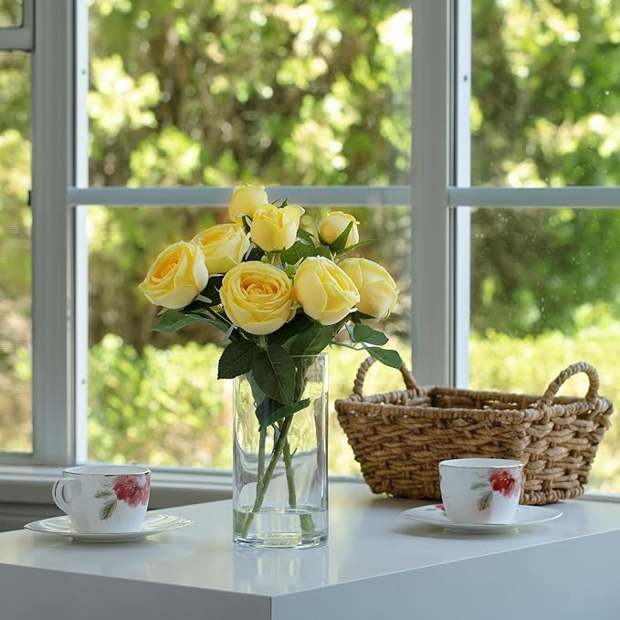 ENOVA FLORAL 9 Heads Silk Rose Artificial Flowers in Vase,Faux Rose Flowers Arrangement in Vase with Faux Water for Table Decor Centerpieces (Yellow)