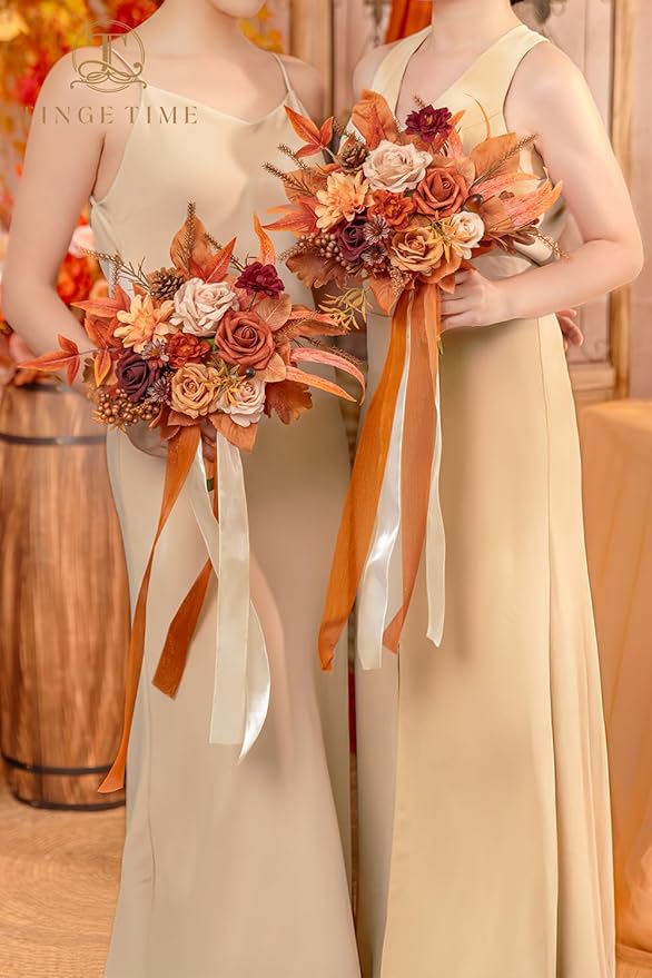 TINGE TIME 7 Inch Wedding Bouquets for Bridesmaid, Set of 4, Artificial Flowers Cascading Bridal Bouquet for Fall Wedding Ceremony Anniversary Bridal Shower and Rustic Vintage Wedding (Maple Red)