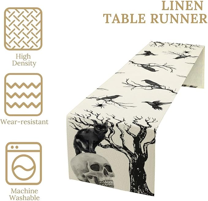 Gothic Table Runner, Black Cat Day of Death Crow Skull Halloween Witchy Retro Coffee Table Center Decor for Home Kitchen Dining Patio Holiday Party Table Decorations 13x36 inches