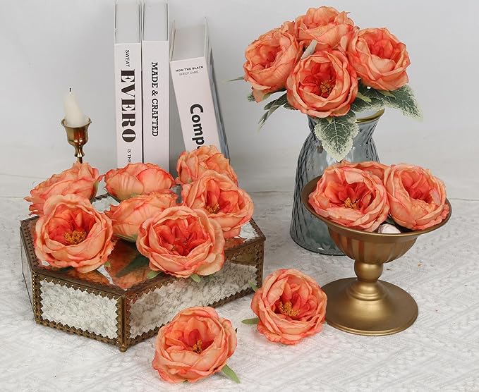 16pcs Peonies Artificial Flowers Head Orange Austin Roses Vintage Burnt Flowers Silk Rose Head with Stems for DIY Flower Wedding Bouquets Centerpieces Home Decoration (Orange)