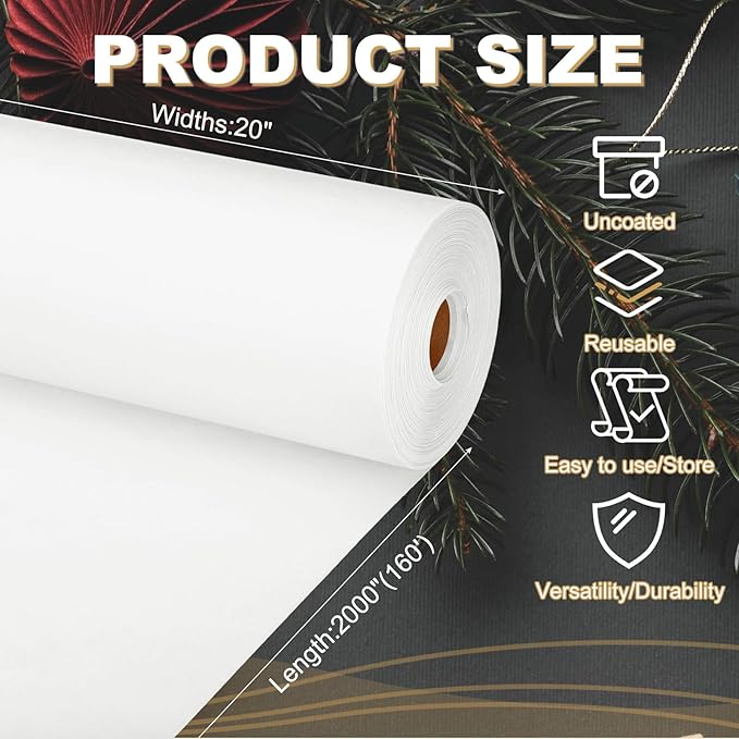 PATIKIL Wrapping Paper, 20"x2000"(160') Bulletin Board Paper Roll Kraft Paper Roll Construction 80GSM for Shipping Packing Gift Wrapping Craft Flower Bouquet Christmas, White