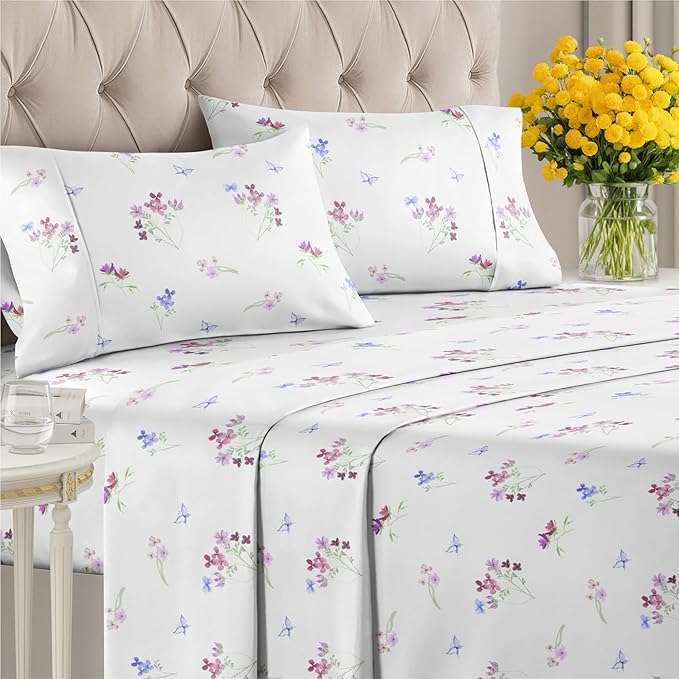 Floral Sheets - Butterfly Floral Bed Sheet Set - 1 Flat, 1 Fitted & 2 Pillowcases w/ Deep Pockets - Wrinkle & Fade Free - Boho Botanical Bedding - Ultra-Soft, Breathable and Cooling - Queen Size Set