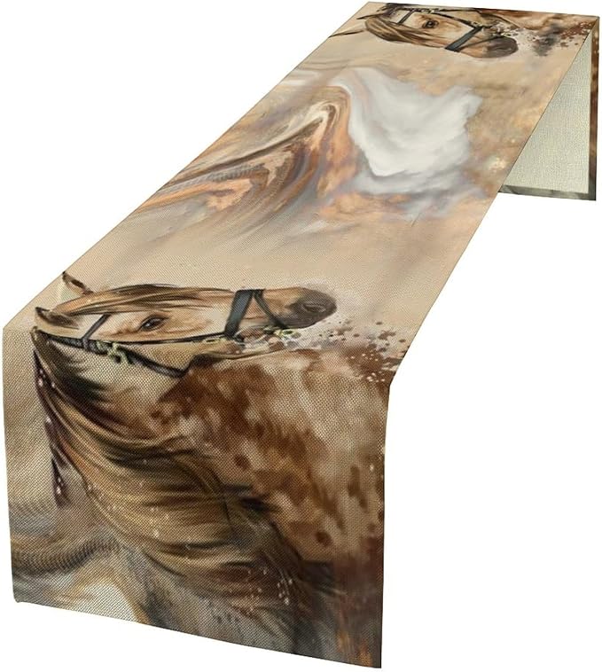 Marble Horse Table Runner, Dark Brown Marble Abstract Horse White Gold Natural Texture Dinner Runner Table Decoration for Home Kitchen Dining Holiday Party 13x108in