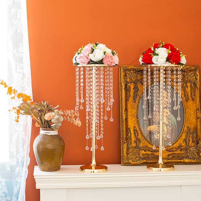 10 Pcs Bead Crystal Flower Arrangement Stand, Gold Vases for Centerpieces Table Decorations,for Home Party Wedding Anniversary Decor, 21.6in