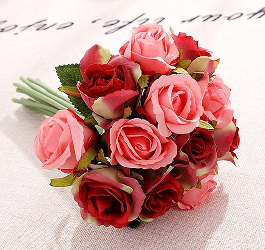 Jasion Artificial Roses Flowers 12 Heads Arrangement Silk Bouquet for Home Office Parties Bridal and Wedding Decoration (Red with Pink)
