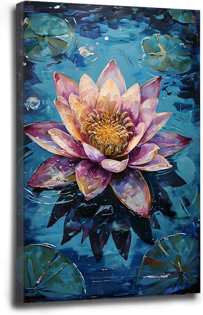 Gorgeous pink and purple water lilies on deep blue water Eye-catching oil painting Serene aquatic wall art for modern home decor 12x18in Wood Framed