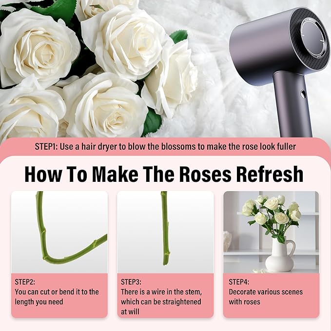 20PCS Artificial Roses with Long Stems - Realistic Silk Flowers, Fake Roses Real Touch Bouquet of Roses for Home Decor, Bridal Wedding Party Table Centerpieces, Bulk Faux Rose Flowers (White Red)