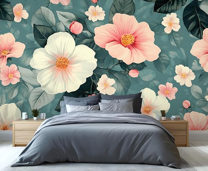 Vintage Hibiscus Flower Wall Mural, Romantic Floral 3D Wall Murals, Botanical Bloom Design Wallpaper Mural, for Living Room Bedroom Large Wallpaper Indoor Decor 118" W x 82.6 "H