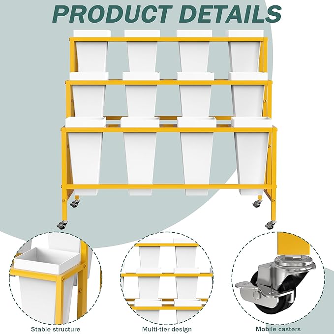 Asee'm Flower Display Stand With 12PCS Buckets 3 Tier Flower Cart Display Stand with Wheels Heavy Duty Moving Metal Plant Stand Flower Bar Flower Rack for Florist Indoor Outdoor Patio Garden Gold