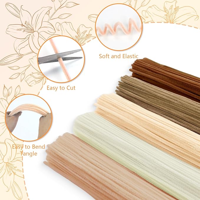 400 Pcs Pipe Cleaners Craft,5 Assorted Colors Pipe Cleaners Bulk, Chenille Stems for DIY Flower Making Kit with Floral Wires, Gardening Tape,Stamen& Ribbon (Brown)
