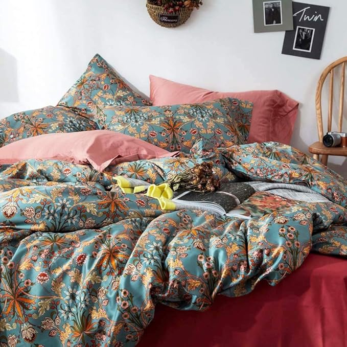 EAVD Vintage Style Garden Flower Duvet Cover King Soft Cotton Reversible Flower Bedding Set with 2 Pillowcases Chic Shabby Boho Floral Comforter Set for Women Girls Floral Bedding Set
