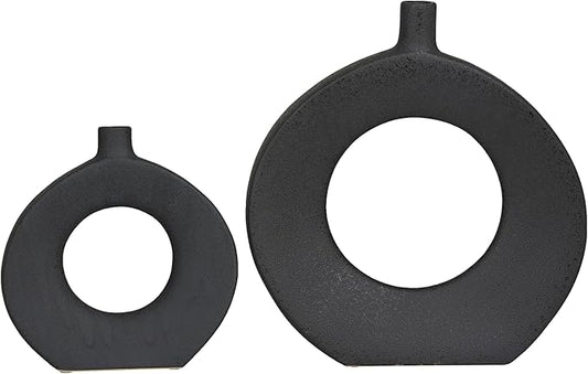 CosmoLiving by Cosmopolitan Ceramic Decorative Vase Round Donut Shaped Centerpiece Vases, Set of 2 Flower Vases for Home Decoration 15", 10"H, Black