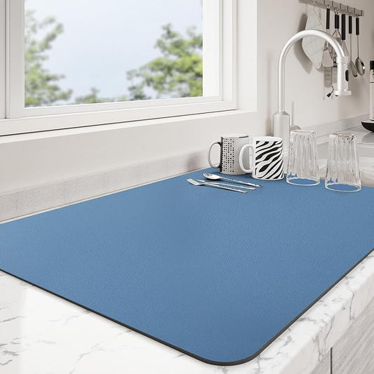 Dish Drying Mat for Kitchen Counter | Coffee Bar Mat for Countertops | Heat Resistant Drainer Mat with Non-slip Rubber Backed | Hide Stain Kitchen Absorbent Draining Mat | Blue 16"x18"