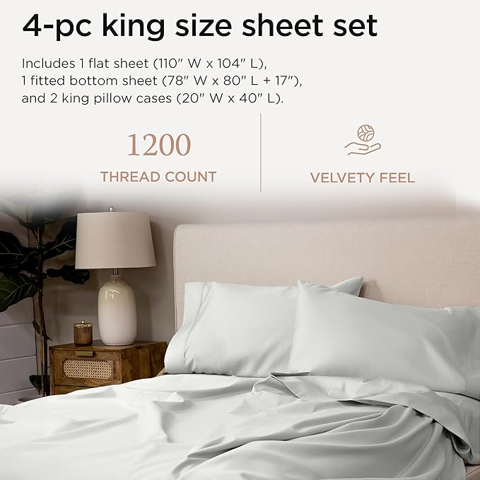 Threadmill Luxury Supima Cotton Sheets, 1200 Thread Count Soft 100% Cotton Sheets for King Size Bed, 4 Pc Light Grey King Bed Sheets Set, 5-Star Hotel Quality with Elasticized Deep Pocket King Sheet